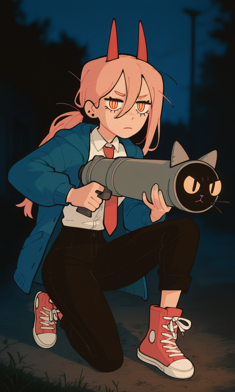 embedding:IllusP0s, wwafr, night, cat launcher gun, holding weapon, outdoors, 1girl, expressionless, contrast lighting, blurry background, high top sneakers, white shirt, button up shirt, collared shirt, blue jacket, black pants, red horns, pink hair, red tie, power_\(chainsaw man\), weapon focus,<lora:cat launcher gun_illustrious.safetensors:1.0:1.0> <lora:wwafr-10.safetensors:1:1>