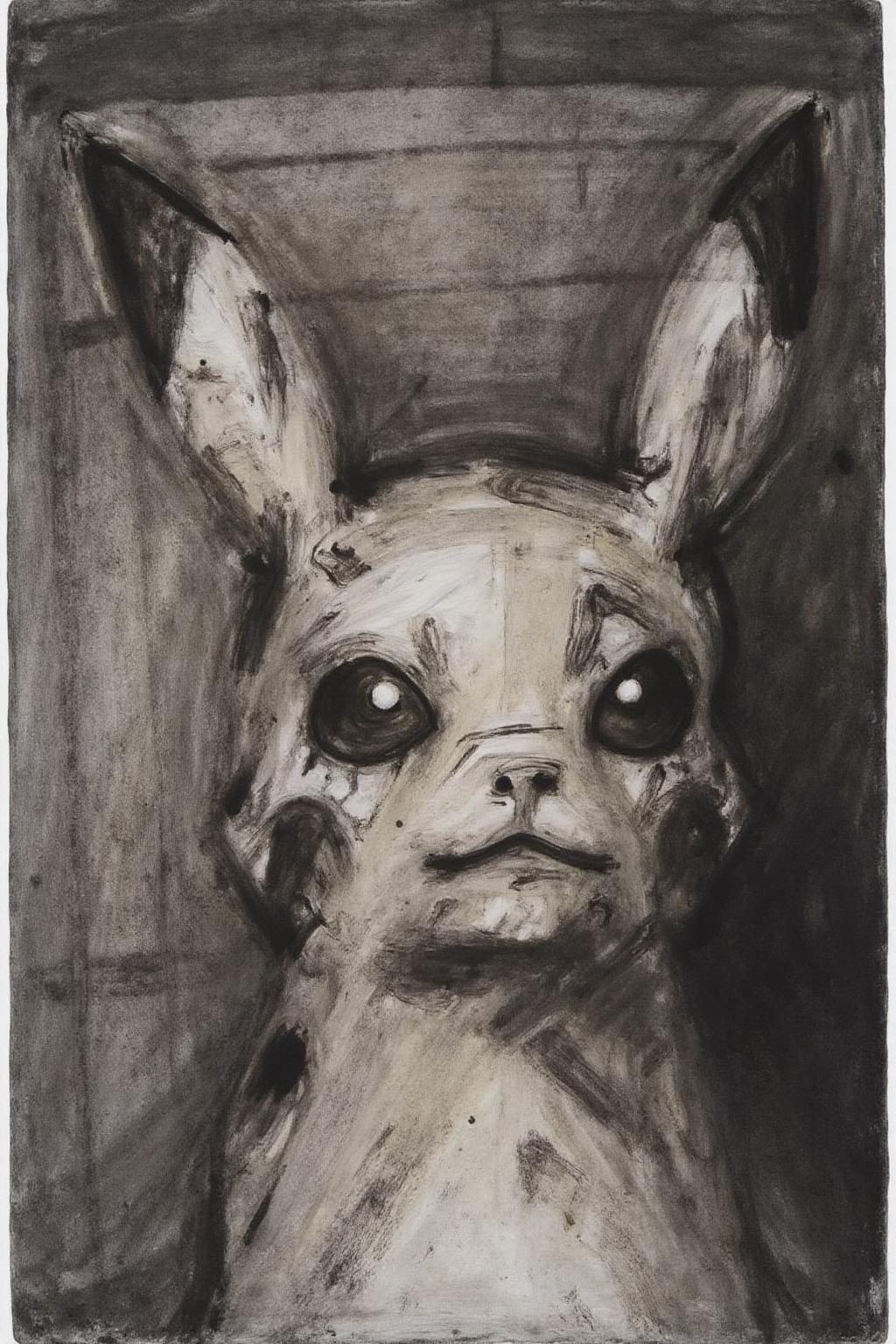 fraauer1 painting. A charcoal drawing on paper, featuring a stylized, abstracted portrait of a Pikachu, with pronounced, angular features. The drawing is rendered in shades of dark gray and black, giving it a somber, almost ominous tone. Pikachu's face is depicted in a fragmented, almost Cubist style, with various parts of the face overlapping and intersecting in a chaotic, yet somewhat symmetrical manner. <lora:fraauer1_cap_d6a3:1.0><lora:811780567625543106:0>