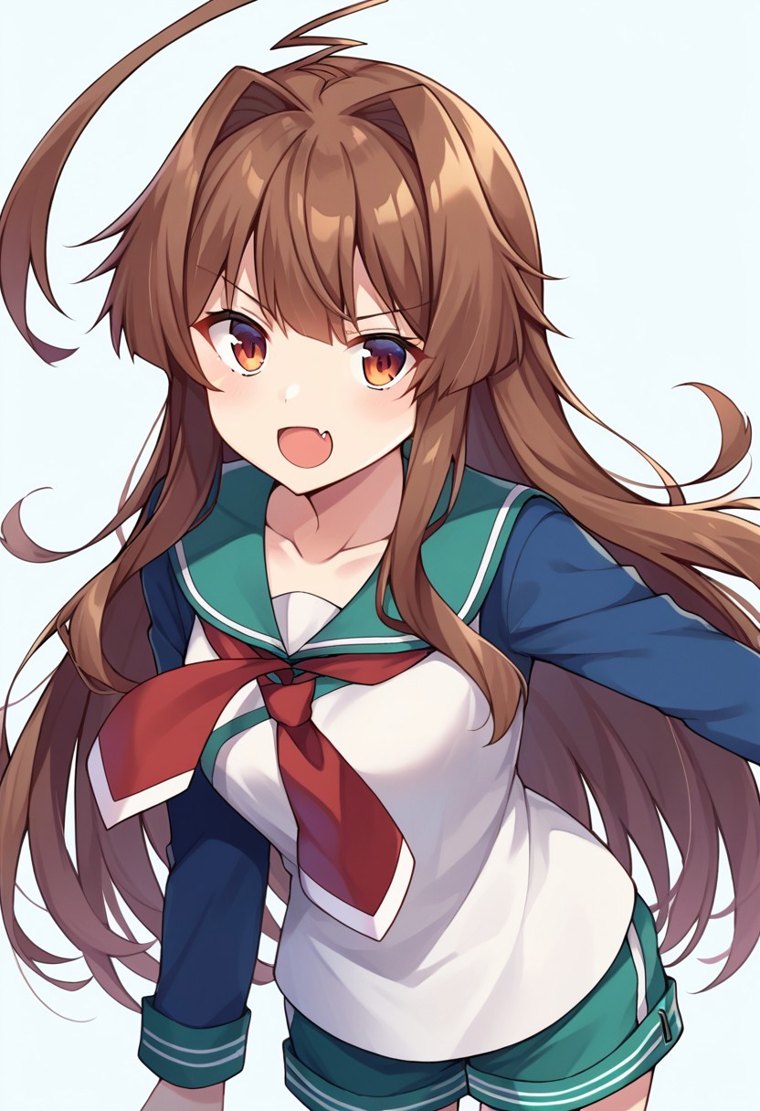 score_9, score_8, score_7, source_anime, kuma (kancolle), fang, shirt, collarbone, cowboy shot, neckerchief, shorts, :d, long sleeves, red neckerchief
