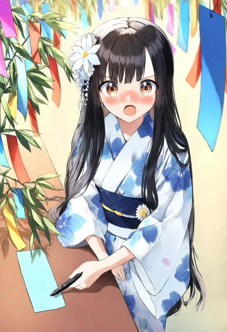 <lora:penta1_noob1.1-000139:1>,
1girl, japanese clothes, kimono, long hair, flower, blush, very long hair, solo, hair ornament, tanabata, white flower, hair flower, brown eyes, wide sleeves, tanzaku, sash, nose blush, floral print, obi, holding, black hair, white kimono, open mouth, long sleeves, print kimono, looking at viewer, blue kimono, v-shaped eyebrows, table, standing, pen, yukata, bow,
masterpiece,best quality,newest,absurdres,highres,very awa,