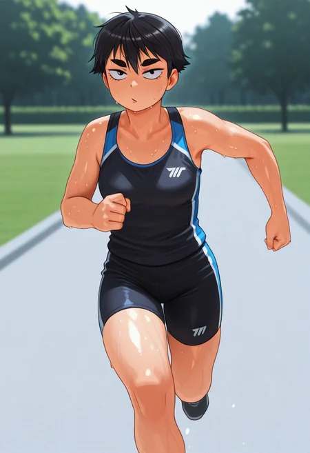 (1girl, solo),
masterpiece,best quality,amazing quality,
nrsknai,
mob face, black hair, short hair, tomboy, thick eyebrows, black eyes, sportswear, running, sweating, small breasts,
outdoors, park, blurry background
