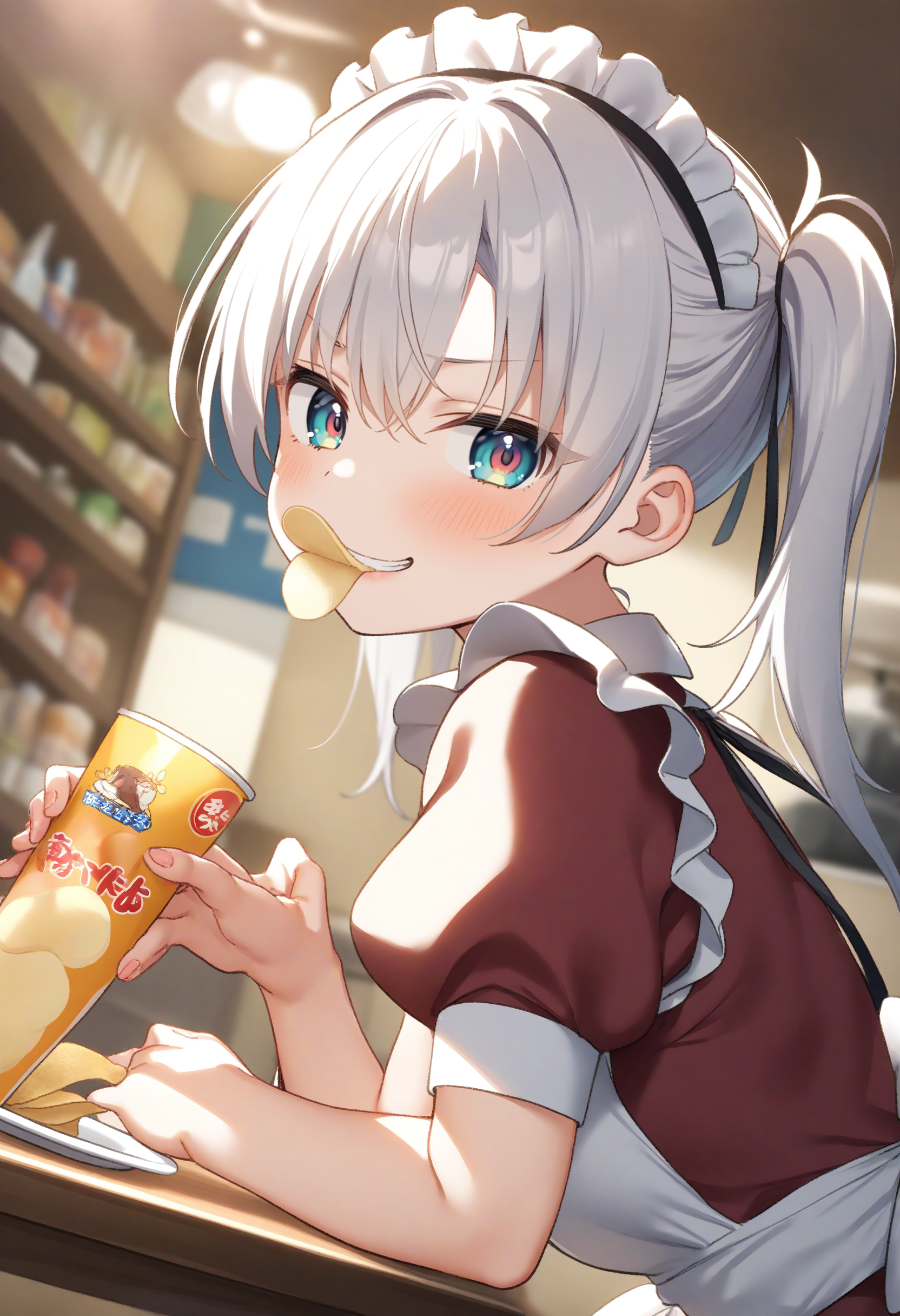 1girl,sincos, ningen mame, toosaka asagi,solo,medium breasts,20yo,maid,maid headdress,
pringle duck, potato chips, mouth hold, food in mouth, eating, <lora:pringleduck_XL_v1:0.7>
from side, fisheye lens, looking at viewer, white hair, brown eyes,grin, pyramid, open mouth, short twintails hair,,
best quality, very aesthetic, absurdres