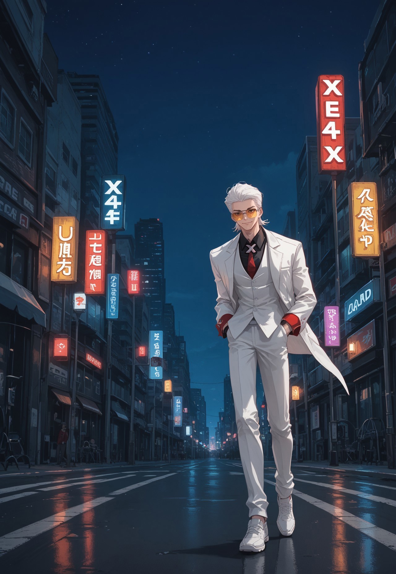 lazyup7, source_anime, 1boy, solo, 2d, x \(to be hero x\), to be hero x, white hair, sunglasses, red tie, black shirt, white suit, white vest, white shoes, walking, whole body, city street, smile, jands in pockets, night, neon lights