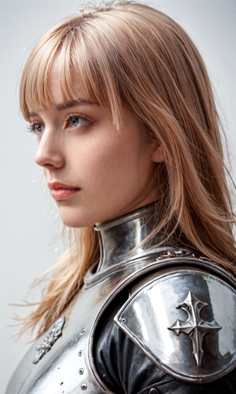 abstract photorealistic ink image in vivid, surreal colour gradient, closeup side portrait of korean woman wearing fantasy leather and bronze plate armour, long bleached hair, bangs
 <lora:tiny_people:1>