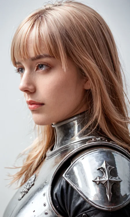 abstract photorealistic ink image in vivid, surreal colour gradient, closeup side portrait of korean woman wearing fantasy leather and bronze plate armour, long bleached hair, bangs
 <lora:tiny_people:1>