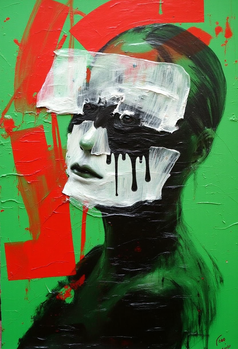 grng style. An oil painting in green, red, black, and white colors, depicting a waist-up portrait of a creature with a strange, flat mask that has no visible face. The mask is cracked and weathered, with black liquid oozing through the fissures, adding a sinister and unsettling effect. The creature's form is partially obscured by the abstract and textured mask, which contrasts sharply with the background colors. The painting captures the eerie and mysterious nature of the creature, with the cracked mask and flowing black liquid enhancing its dark, enigmatic presence. horror show, In the corner there is a small inscription "fuck hue", like the author's signature.