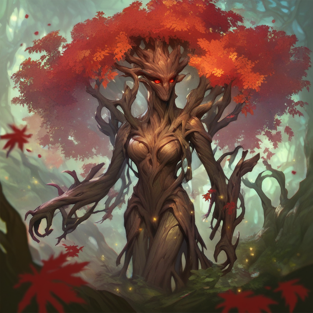 (((beautiful, high quality))), score_9, score_8_up, score_7_up, Ent, living tree, colored bark, colored foliage, 1girl, red foliage, dark bark, red eyes, fantasy background, blurred background