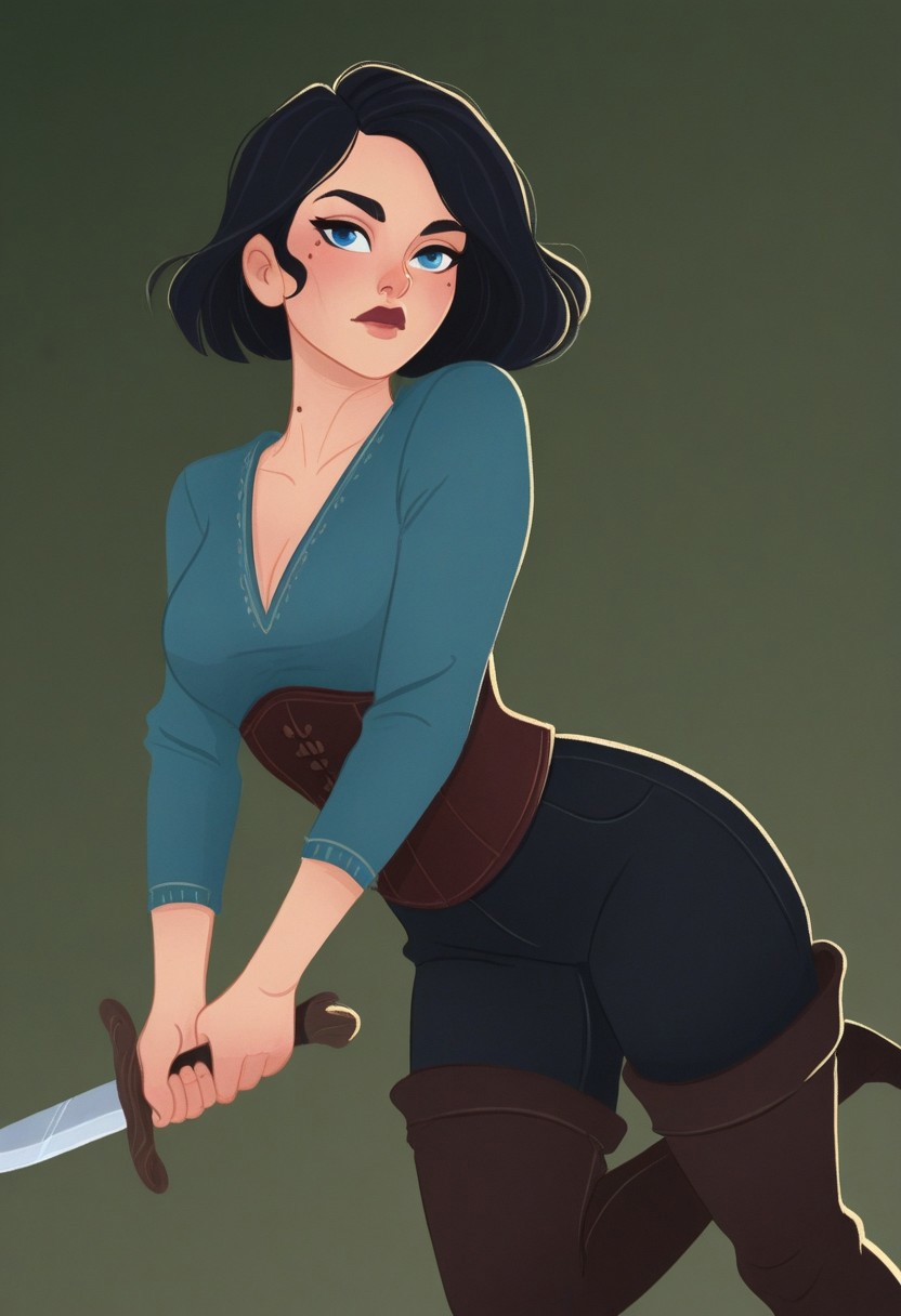 MSMLN, 1girl, solo, holding, black hair, mole, blue eyes, weapon, corset, dual wielding, pants, knife, shirt, breasts, holding weapon, thigh boots, simple background, holding knife, dagger, short hair, looking at viewer, boots, black pants, v-neck,, masterwork, masterpiece, best quality, dynamic lighting , dynamic pose,,  dynamic angle, , , (realistic:1.2), (lineless:1.2), detailed, <lora:Detailer_NoobAI_Incrs_v1:0.5>, , aged up, adult, depth of field, dynamic lighting, blurry, cheekbones,