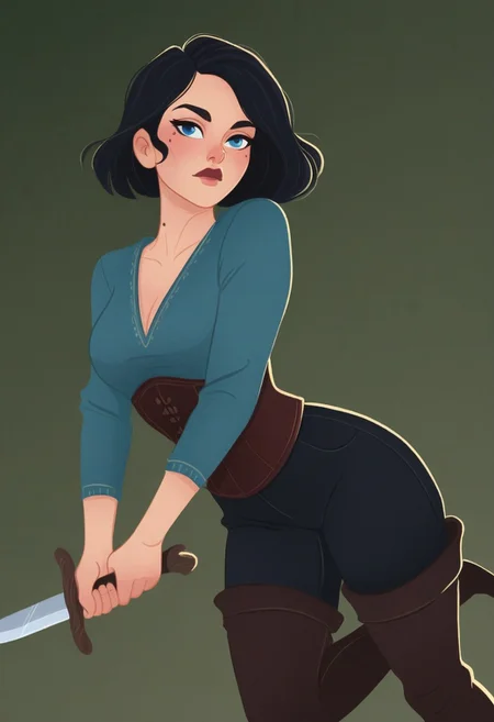 MSMLN, 1girl, solo, holding, black hair, mole, blue eyes, weapon, corset, dual wielding, pants, knife, shirt, breasts, holding weapon, thigh boots, simple background, holding knife, dagger, short hair, looking at viewer, boots, black pants, v-neck,, masterwork, masterpiece, best quality, dynamic lighting , dynamic pose,,  dynamic angle, , , (realistic:1.2), (lineless:1.2), detailed, <lora:Detailer_NoobAI_Incrs_v1:0.5>, , aged up, adult, depth of field, dynamic lighting, blurry, cheekbones,