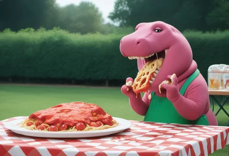 score_9, score_8, score_7
Barney the Dinosaur, eating lasagna, tomato sauce splatter, drool, picnic table in a park