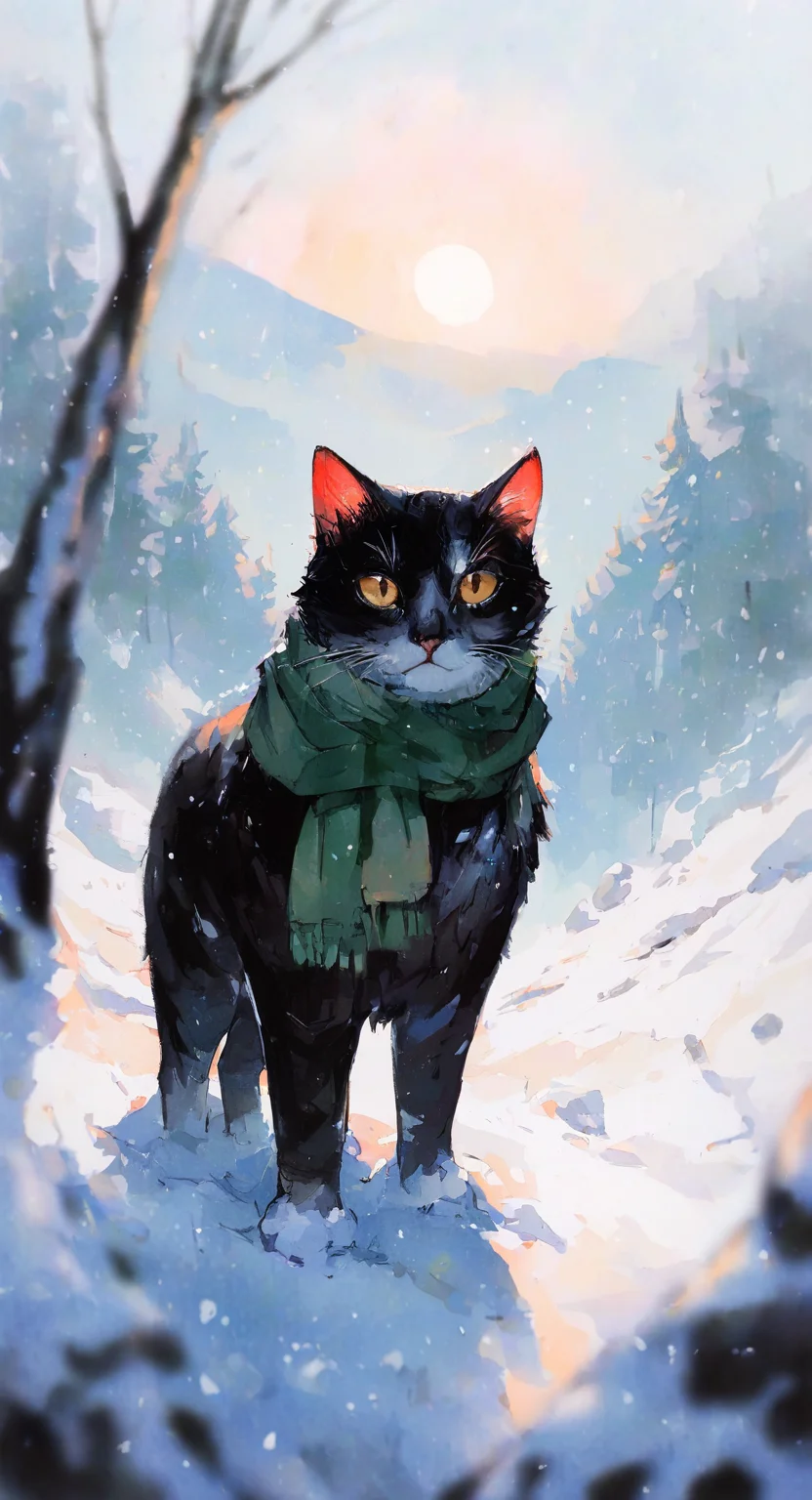 masterpiece, best quality, good quality, very aesthetic, absurdres, newest, solo, looking at viewer, standing, outdoors, sky, scarf, tree, no humans, cat, snow, snowing, sun, winter, whiskers, green scarf, Depth Of Field, Atmospheric Perspective,Wide Shot, Watercolor <lora:ponyv5_noobV065S_1_adamW-000013:0.75> <lora:ILwatercolor:0.6> <lora:96YOTTEA-WAI:0.8>