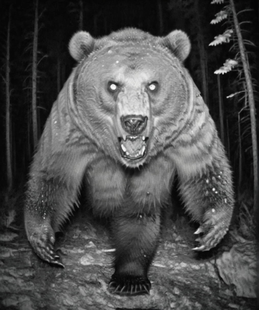 Camera trap, monochrome, The angry bear is yelling, horror   <lora:Camera trap:1>