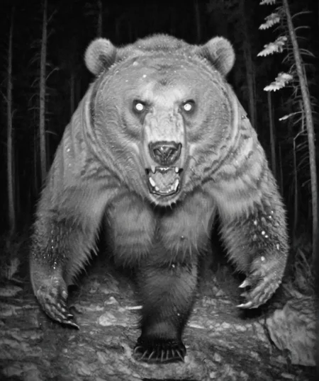 Camera trap, monochrome, The angry bear is yelling, horror   <lora:Camera trap:1>