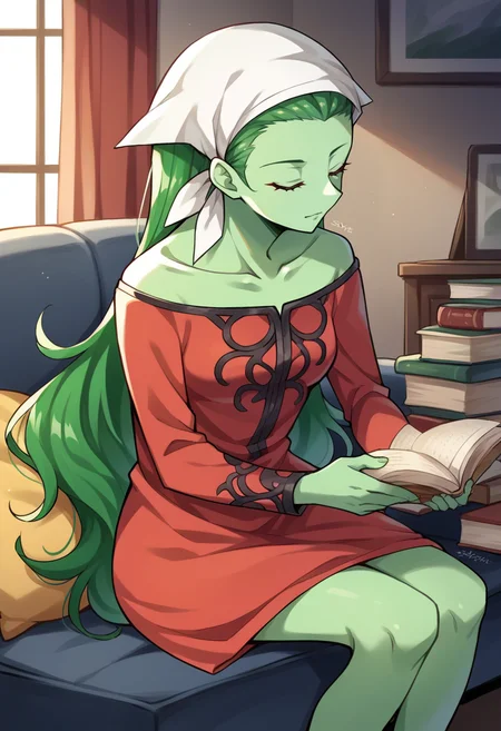 score_9, score_8_up, score_7_up, source_anime BREAK, 1girl, solo,
<lora:zs_SilkyXL:1> silkysmt, green hair, long hair, green skin, colored skin, head scarf, red dress
living room, sitting, reading book