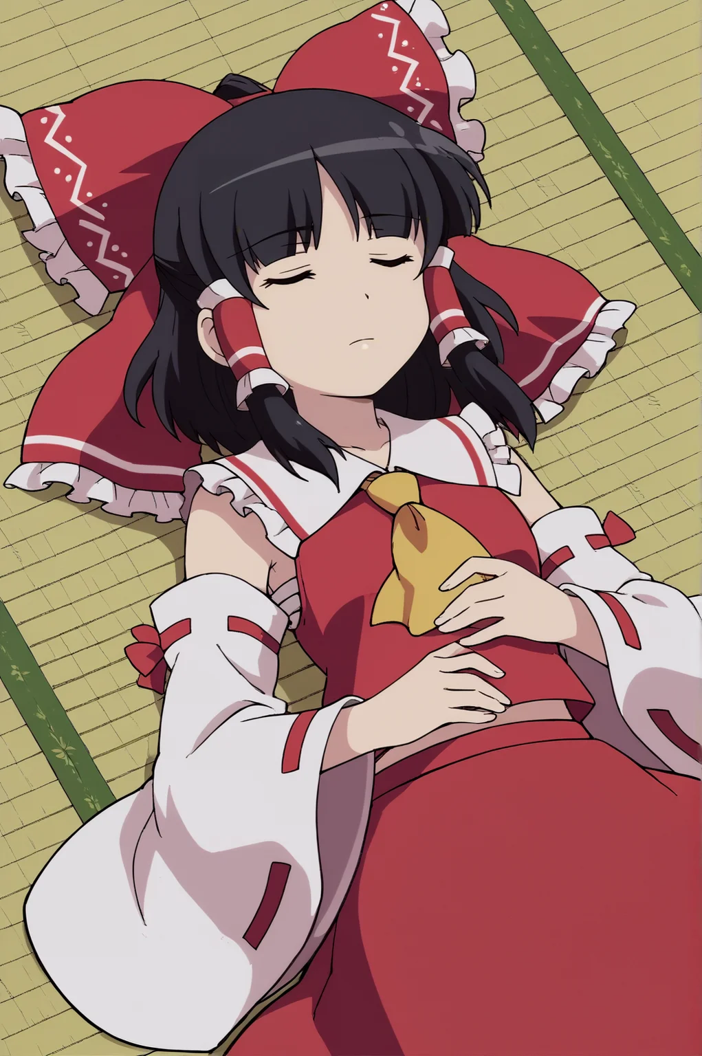 score_9, score_8_up, score_7_up,anime_source, source_anime, best background, detailed background, anime screencap, Reimu, ascot, bow, closed eyes, closed mouth, sleeping, detached sleeves, frills, gohei, lying, miko, on back, red bow, red skirt, ribbon trim, ribbon-trimmed sleeves, skirt,solo, wide sleeves, yellow ascot indoors, tatami, <lora:JN_Hakurei_Reimu:0.8>