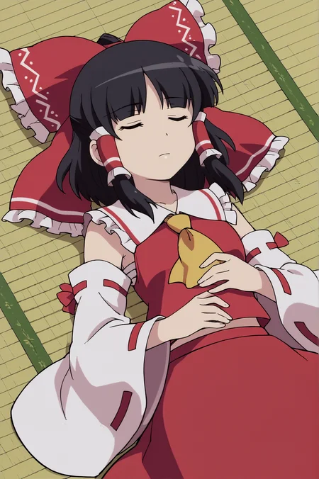 score_9, score_8_up, score_7_up,anime_source, source_anime, best background, detailed background, anime screencap, Reimu, ascot, bow, closed eyes, closed mouth, sleeping, detached sleeves, frills, gohei, lying, miko, on back, red bow, red skirt, ribbon trim, ribbon-trimmed sleeves, skirt,solo, wide sleeves, yellow ascot indoors, tatami, <lora:JN_Hakurei_Reimu:0.8>