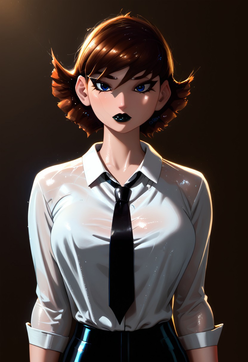 Score_9, score_8_up, score_7_up, best quality, highly detailed, colorful, realistic, 1girl, janet van dyne, brown hair, short hair, blue eyes, white shirt, collared shirt, black necktie, black pants, slim body, thin, closed mouth, black eyeliner, long eyelashes, black eyelashes, makeup, SOLO, black eyeshadow, black lipstick, very shiny skin, glistening body, subsurface scattering, detailed skin texture, oiled body, big breasts, very dark background, dark theme, low light, bright backlighting, neon shadow, dramatic lighting, extreme dark theme, upper body, looking down on viewer, (from side:0.3),