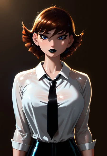 Score_9, score_8_up, score_7_up, best quality, highly detailed, colorful, realistic, 1girl, janet van dyne, brown hair, short hair, blue eyes, white shirt, collared shirt, black necktie, black pants, slim body, thin, closed mouth, black eyeliner, long eyelashes, black eyelashes, makeup, SOLO, black eyeshadow, black lipstick, very shiny skin, glistening body, subsurface scattering, detailed skin texture, oiled body, big breasts, very dark background, dark theme, low light, bright backlighting, neon shadow, dramatic lighting, extreme dark theme, upper body, looking down on viewer, (from side:0.3),