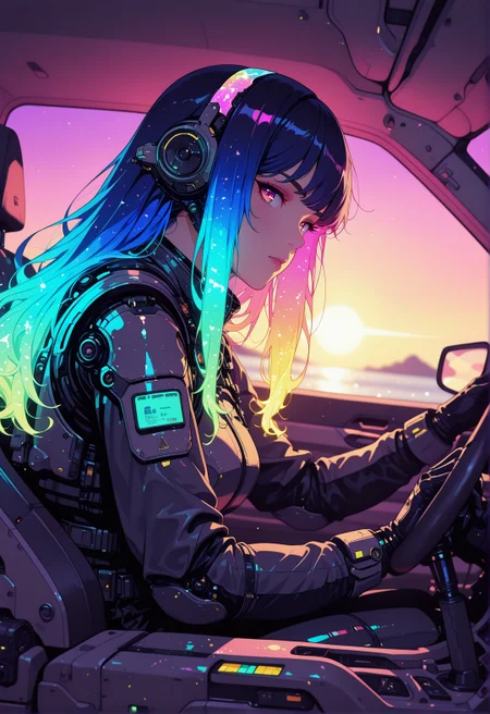 <lora:ck-shadow-circuit-IL:0.78>,
masterpiece, best quality, good quality, very aesthetic, absurdres, newest, 8K, depth of field, focused subject,
dynamic angle, almost side view, wabi sabi, 1girl, holographic, holofoil glitter, faint, glowing, ethereal, neon hair, glowing hair, long hair, looking at viewer, driving, sci-fi, into sunset, coastline
<lora:MoriiMee_Gothic_Niji_Style_Illustrious_r1:0.45>
<lora:ck-nc-cyberpunk-IL-000011:0.4>
<lora:ck-neon-retrowave-IL:0.8>