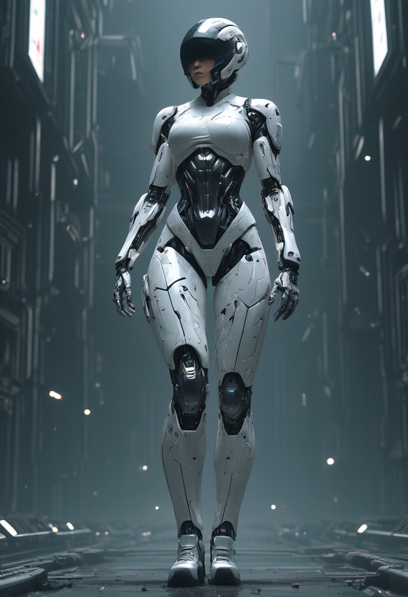 masterpiece,newest,absurdres,very awa,1girl,solo,cyborg,mobe-cybideen,white,eflection,visor,abstract,jacquard fabric,techwear,detailed helmet,mcnm,visor,dynamic pose,detailed by Hideo_Kojima,