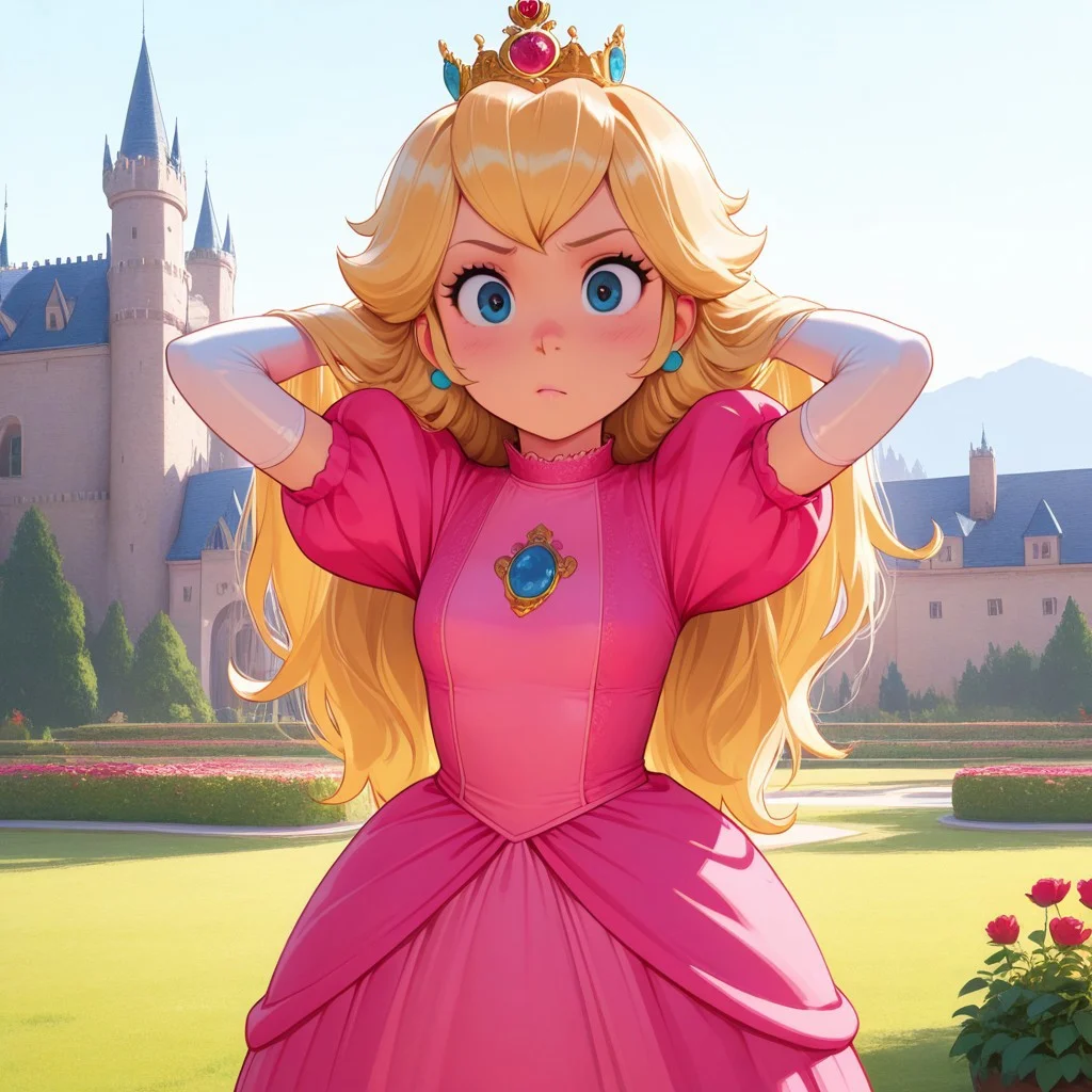 masterpiece, best quality, break, solo, princess_pch, blonde hair, long hair, crown, blue eyes, dress, puffy sleeves, elbow gloves, hands in hair, looking at viewer, outdoors, garden, castle, natural lighting