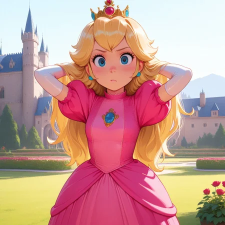 masterpiece, best quality, break, solo, princess_pch, blonde hair, long hair, crown, blue eyes, dress, puffy sleeves, elbow gloves, hands in hair, looking at viewer, outdoors, garden, castle, natural lighting