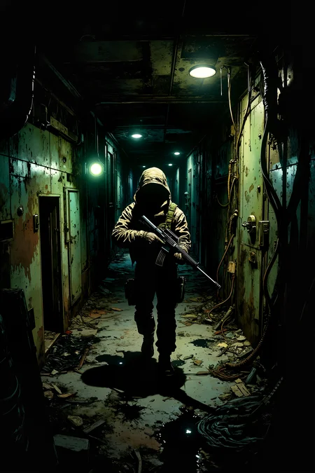 A dimly lit corridor stretches deep into the heart of an abandoned spacecraft. Rusted metal panels line the walls, with old cables hanging down like vines. Small emergency lights cast a sickly green glow, revealing puddles of an unknown black liquid pooling in the corners. At the far end, a figure in worn-out tactical gear cautiously steps forward, their rifle aimed ahead. The air is thick with tension, and the faint sound of dripping water echoes through the silence. Shadows move unnaturally, as if something is lurking just out of sight, waiting in the darkness.<lora:Vintage comic book:1.5>