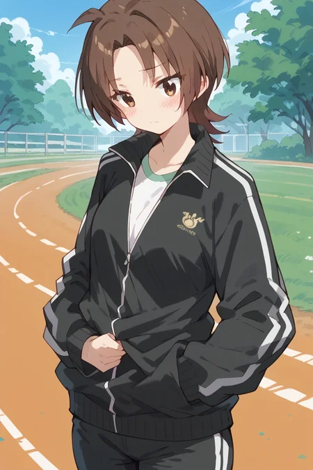 score_9, score_8_up, score_7_up, score_6_up,
 <lora:Yuzu_Iizuka:1> yuzu, brown hair, solo, jacket, brown eyes, track jacket, open jacket, track suit, blush,  shirt, pants, black jacket