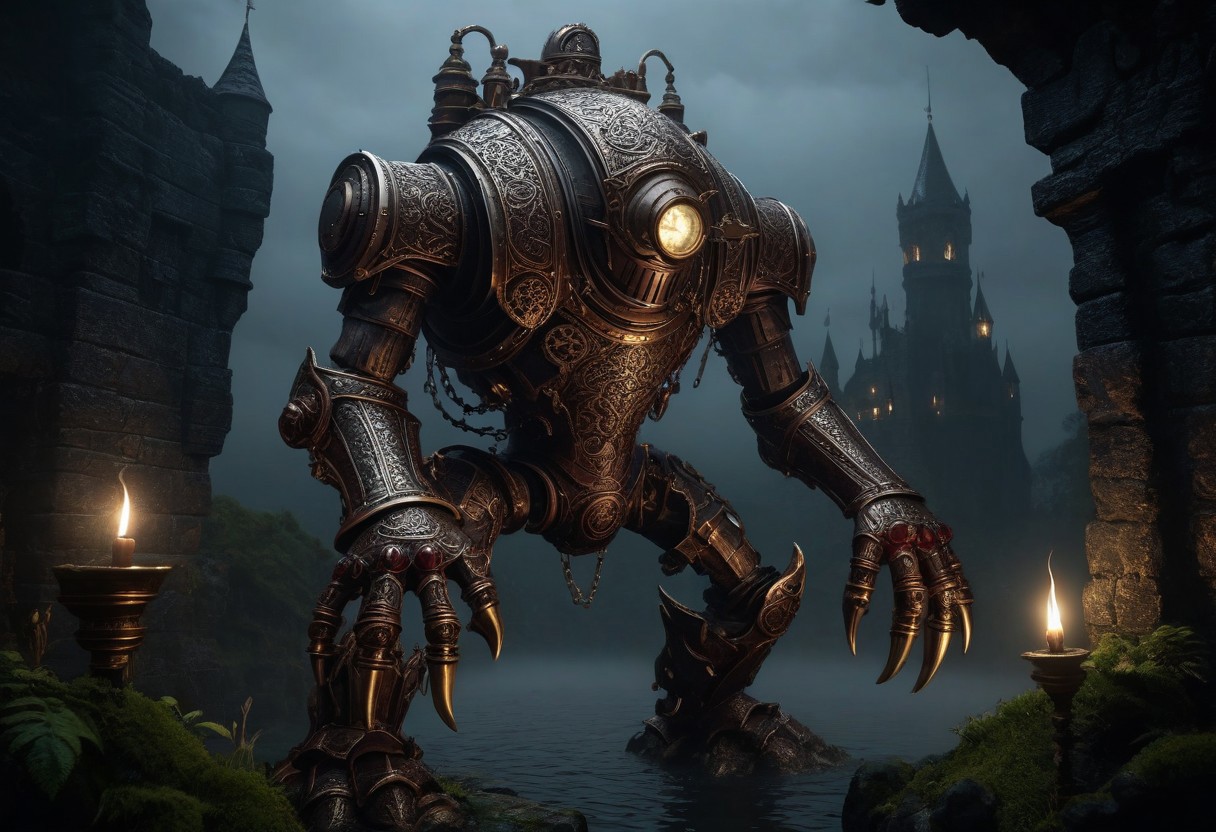 giant bipedal robot silver and brick red and bronze gold paisley robot. lacy robot diving helmet head. outside of a steampunk keep. large detailed torso. dark image. one forty foot tall ancient robot with great arms and two heavy spring legs. dark foggy night background. $dark foggy night image only. dark photo realistic image. steampunk details. cogs, chains and pipes incorporated in the fantasy buildings. magic wizards tower in background. Dark swamp, moss, castle ruins, wizards tower. stormy dark night. small flaming machines. scorpion