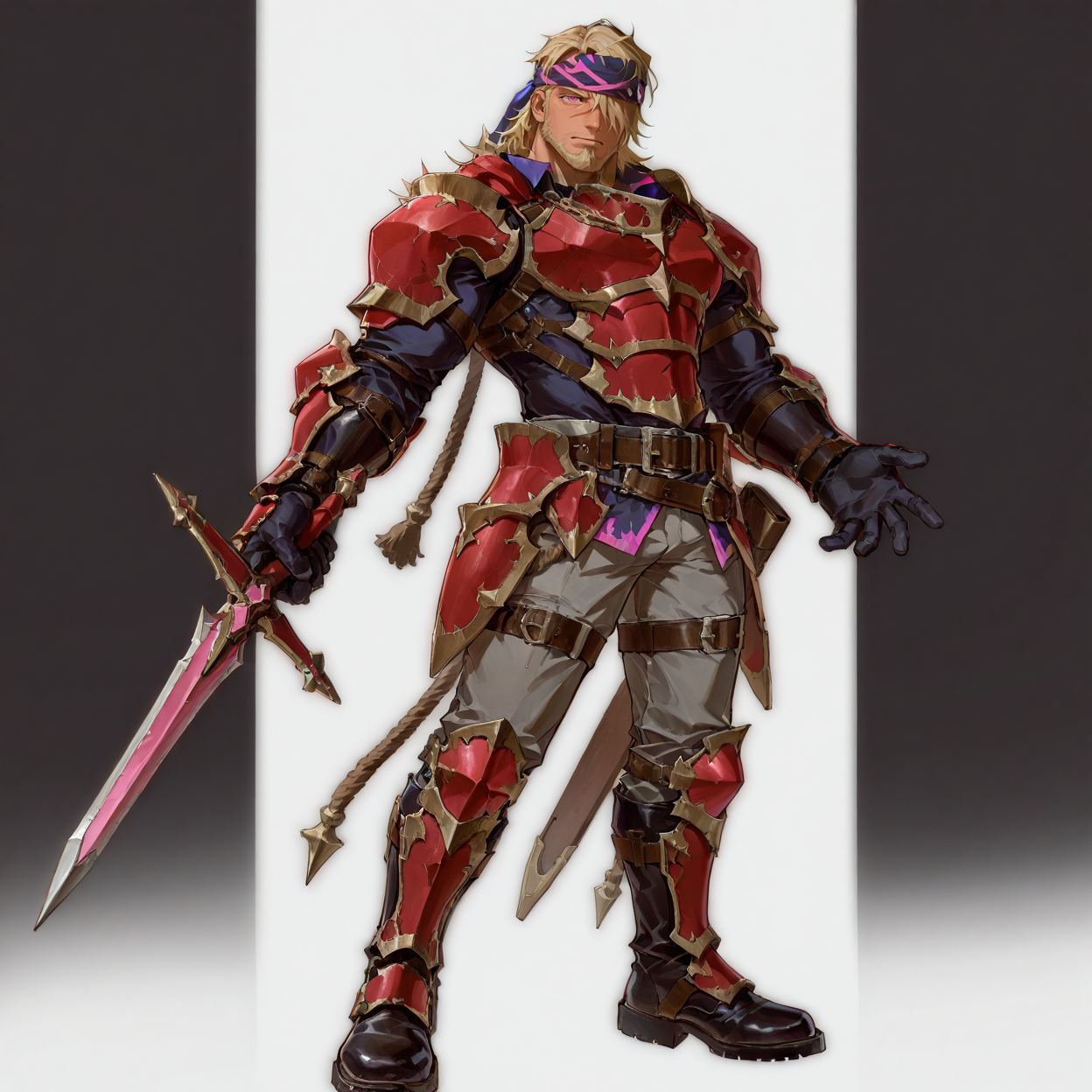 <lora:Sabareta_Alchemist_Code-000004:.5> tagatamesabareta, 1boy, blonde, long hair, hair over one eye, 2 bandana on head (pink and purple), pink eyes, cross scar between eyes, solo, male focus, manly, mature male, armor, belt, rope, pants, boots, holding sword,
(very short hair, beard, bara, mature, facial hair, stubble, beard, full beard, sideburn, beard, a lot of beard, ), facial hair,male focus, muscular male, muscular male, bara, mature,  bara, mature, aixiwuganda_(20222192), very awa, masterpiece, best quality, absurdres, newest, perfect quality, detailed background, intricate details,
<lora:slider_Body Type_alpha1.0_rank4_noxattn_last:3><lora:Anime Summer Days 2 Style SDXL_LoRA_Pony Diffusion V6 XL:.6><lora:slider_cfg_scale_boost:.7><lora:Artist6p:.55>, Artist6p, Artist04p,<lora:slider_il_brightness_slider_d1:-1><lora:slider_il_contrast_slider_d1:-1><lora:slider_DarkSlider1.2_alpha1.0_rank16_full_300steps:-.6>