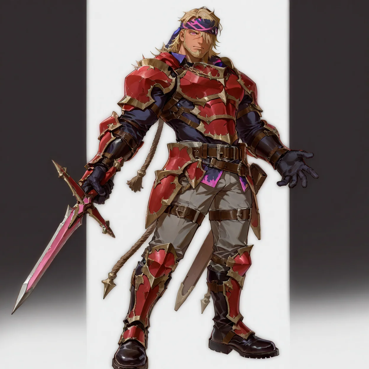 <lora:Sabareta_Alchemist_Code-000004:.5> tagatamesabareta, 1boy, blonde, long hair, hair over one eye, 2 bandana on head (pink and purple), pink eyes, cross scar between eyes, solo, male focus, manly, mature male, armor, belt, rope, pants, boots, holding sword,
(very short hair, beard, bara, mature, facial hair, stubble, beard, full beard, sideburn, beard, a lot of beard, ), facial hair,male focus, muscular male, muscular male, bara, mature, bara, mature, aixiwuganda_(20222192), very awa, masterpiece, best quality, absurdres, newest, perfect quality, detailed background, intricate details,
<lora:slider_Body Type_alpha1.0_rank4_noxattn_last:3><lora:Anime Summer Days 2 Style SDXL_LoRA_Pony Diffusion V6 XL:.6><lora:slider_cfg_scale_boost:.7><lora:Artist6p:.55>, Artist6p, Artist04p,<lora:slider_il_brightness_slider_d1:-1><lora:slider_il_contrast_slider_d1:-1><lora:slider_DarkSlider1.2_alpha1.0_rank16_full_300steps:-.6>