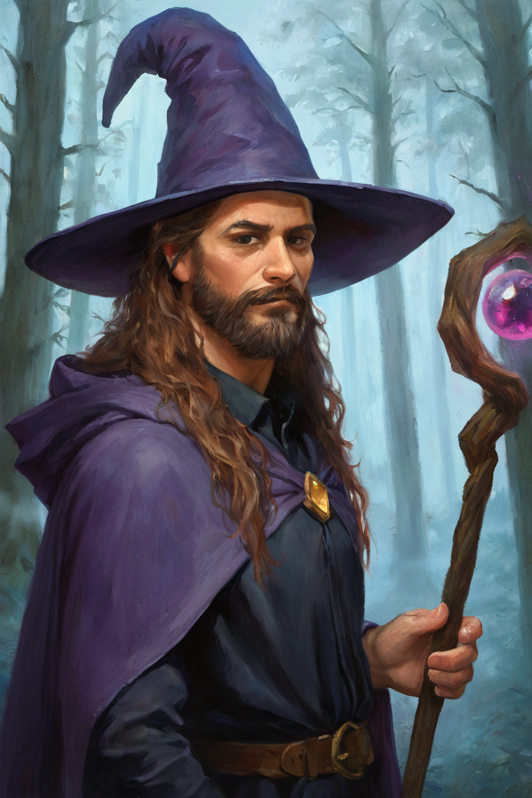 masterpiece, best quality, highres, newest, traditional media, realistic, 1boy, solo, male focus, mature male, wizard, long hair, brown hair, black eyes, looking at viewer, hat, facial hair, beard, mustache, staff, wizard hat, purple hat, black shirt, collared shirt, robe, purple robe, hooded cloak, holding, holding staff, upper body, closed mouth, standing, outdoors, forest, nature, tree, fog, dark background <lora:Eldritch Oil [LoRA] - NoobAI-XL EPS 1.0:1>