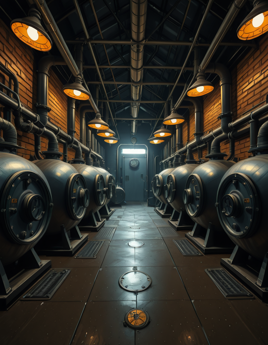 A highly detailed and realistic photograph of an industrial boiler room filled with large metal boilers, complex pipe systems, and pressure gauges. The room is dimly lit with a mix of warm yellow lighting from overhead industrial lamps and cool blue reflections from metallic surfaces. The air is slightly hazy with steam escaping from some of the pipes. The floor is made of reinforced concrete with visible stains from oil and water. Various control panels with blinking LED indicators and warning signs are mounted on the walls. The atmosphere is rugged and mechanical, evoking a sense of power and industrial efficiency. The depth of field is sharp, capturing intricate details such as rust on old pipes, the texture of the metal surfaces, and the labels on the control panels. The composition emphasizes symmetry, with pipes and machinery creating a structured, almost futuristic aesthetic.
<lora:SDXLFaeTastic2400:0.4> <lora:extremely_detailed:0.4> extremely detailed, <lora:industrial_boiler_room-i:1>,industrial b01l3r r00m, Masterpiece,best quality,hi res,8k,hi res,8k,award winning,(sharp focus, intricate, highly detailed),