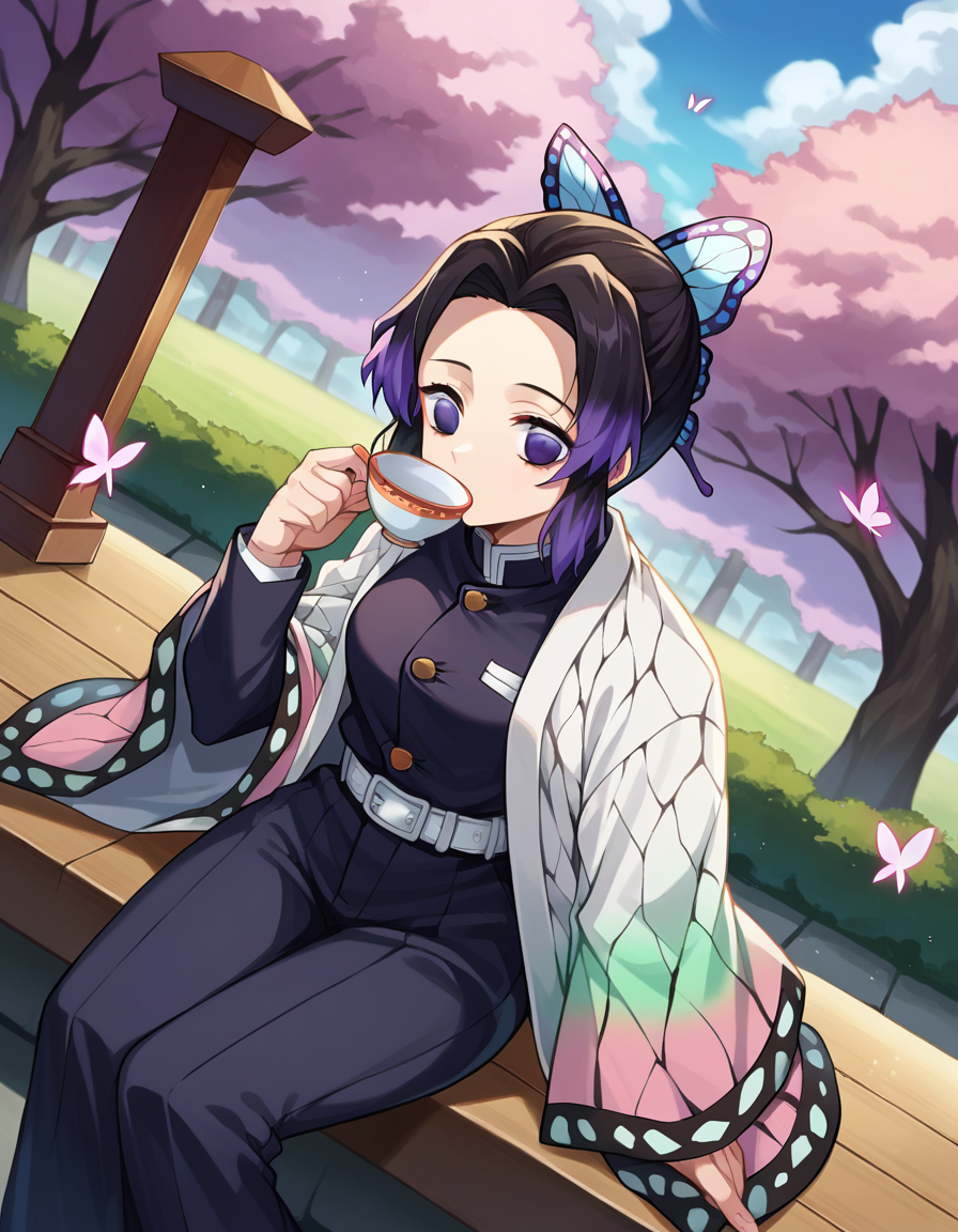 score_9, score_8_up, score_7_up, source_anime,
shinobukochou, <lora:shinobu-kochou-ponyxl-lora-nochekaiser:1>,
shinobu kochou, animal print, black hair, butterfly, butterfly hair ornament, butterfly print, forehead, gradient hair, hair ornament, haori, multicolored hair, parted bangs, purple hair, short hair, two-tone hair,
belt, black pants, butterfly print, coat, demon slayer uniform, haori, japanese clothes, pants, uniform,
outdoors, porch, sitting, teacup, drinking,
looking at viewer, dutch angle, cowboy shot,