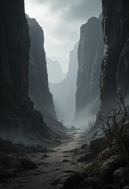 2D screenshot scenery concept image depicting an arid badlands environment with ominous fog creeping in, thorny vines, eerie atmosphere. With soft rim-lighting, chiaroscuro, perfect lighting <lora:flux_skinny_slider>