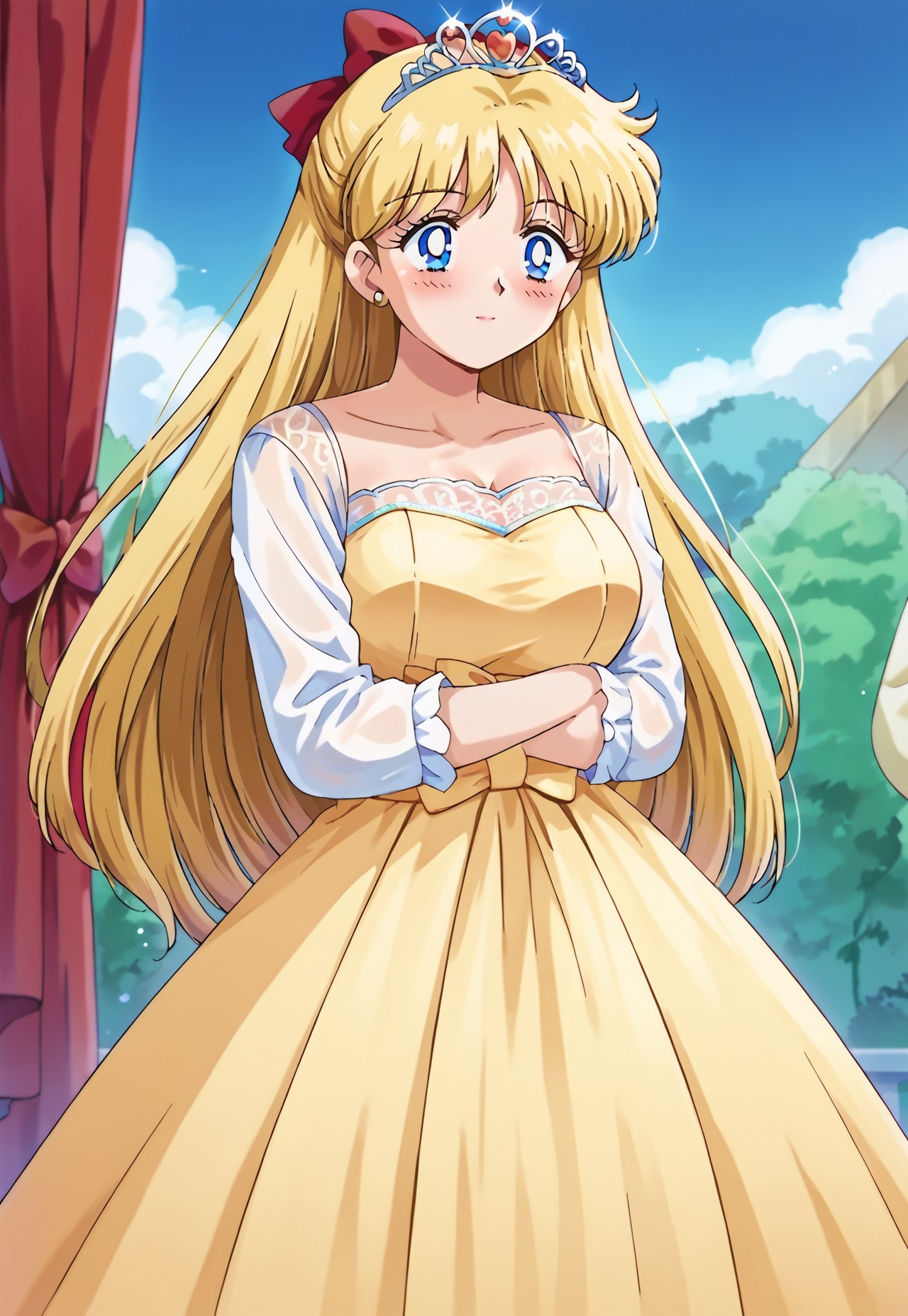 score_9, score_8, score_7, source_anime, wedding dress, minako aino, blonde hair, blue eyes, bow, hair bow, half updo, long hair, red bow, tiara, mature female, solo