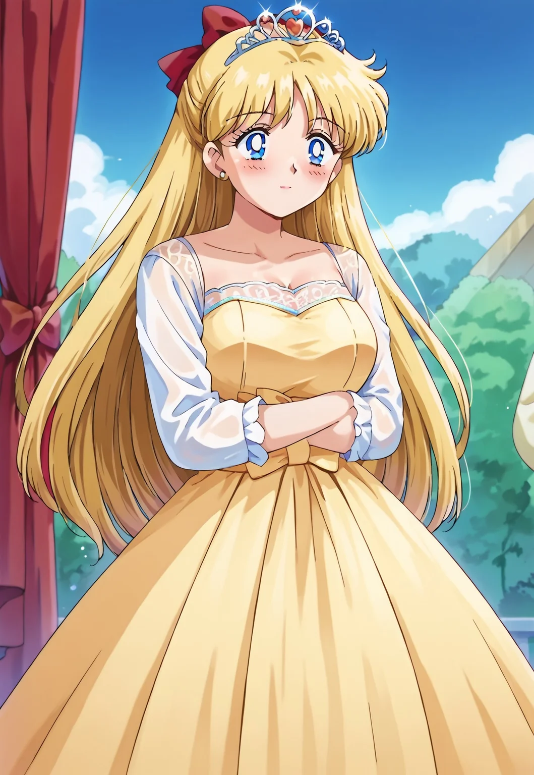 score_9, score_8, score_7, source_anime, wedding dress, minako aino, blonde hair, blue eyes, bow, hair bow, half updo, long hair, red bow, tiara, mature female, solo