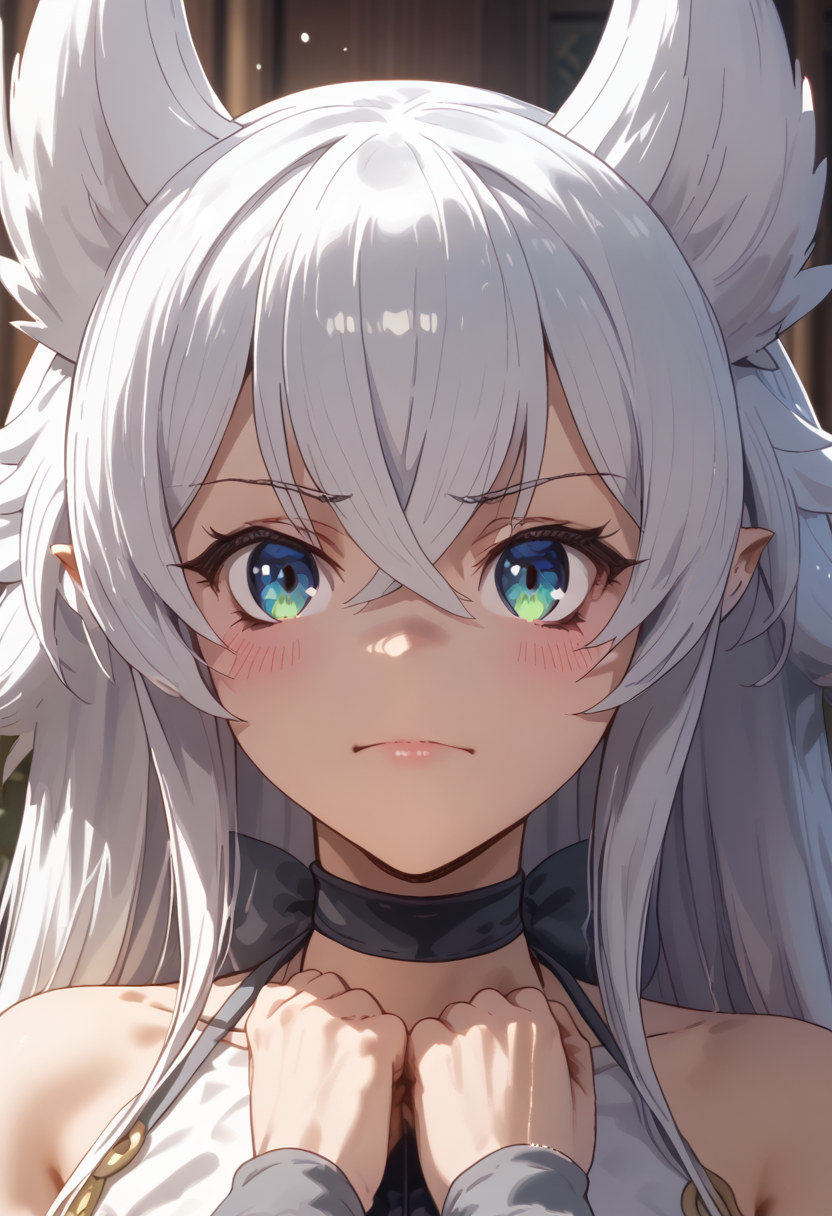 score_9, score_8_up, score_7_up, highres, high res image, masterpiece, 1girl, solo,detailed face, detailed eyes,  bangs, lv2fenrys, <lora:Lv2Fenrys>, large breats, hair betweens eyes, crossed bangs, white dress, center fills, 
upper body,