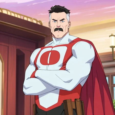 masterpiece, best quality, newest, absurdres, highres, Invincible-show-style-INVPACK.V1.0,
1boy, NOLAN-GREYSON-INVPACK.V1.0, two-tone hair, mustache, short hair, facial hair, NOLAN-GREYSON-INVPACK.V1.0-OMNIMAN, superhero, black-white bodysuit, red gloves, two-tone hair, mustache, short hair, facial hair, cape, long cape, red cape,