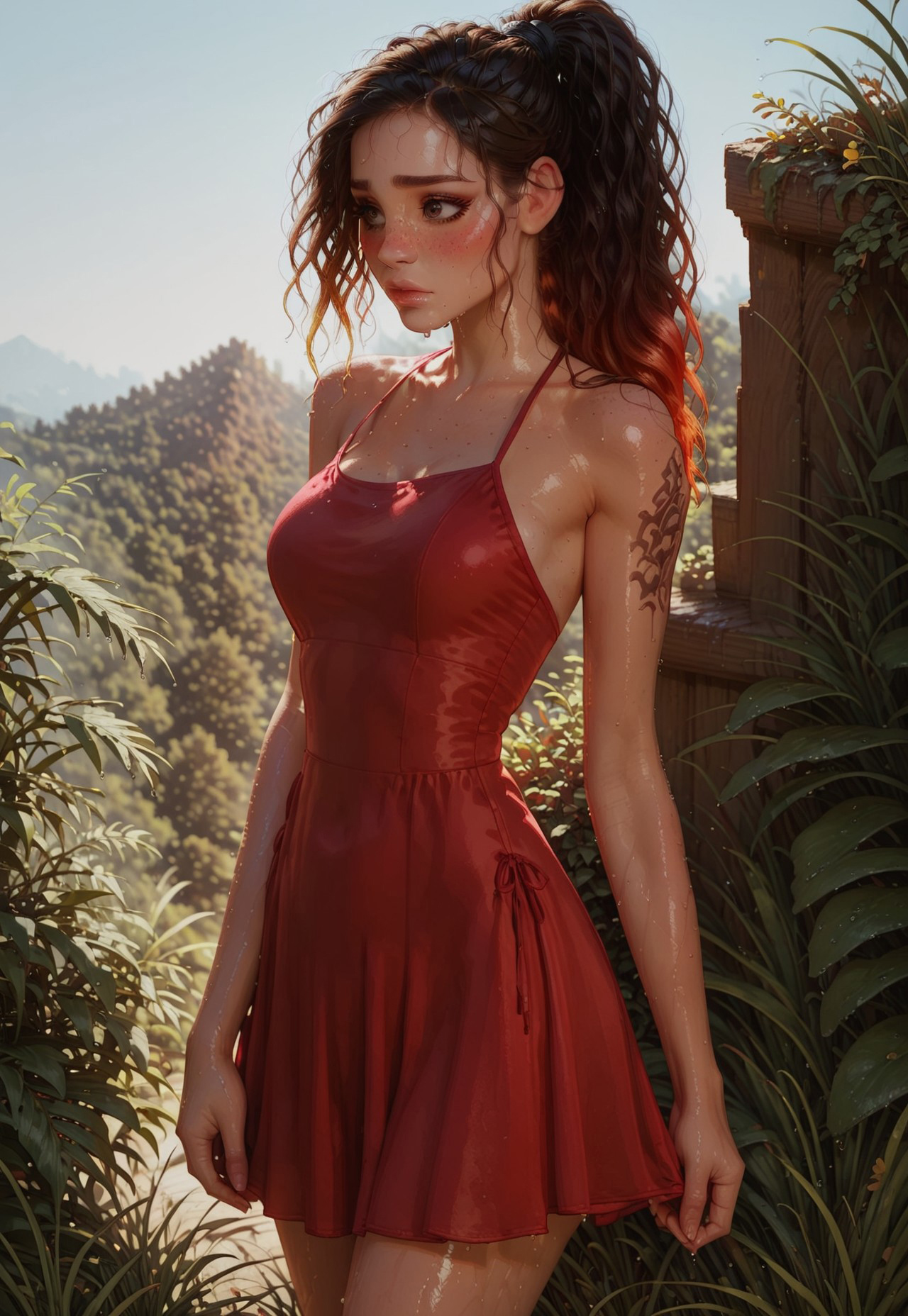 safe_pos, masterpiece, best quality, highly detailed, score_9, score_8_up, score_7_up, score_6_up, score_5_up, score_4_up, Expressive, 1girl, (long bob hair:1.5), dark eyes, curvy body, dust in the air, backlight, more lace on clothes, 2B, wet body, girl, slanted eyes,(black smokey eyes:1.5), long eyelashes, dark eyeshadow, curvy, sexy lips,( solo:1.1), perfect face, perfect eyes, sexy, sexy girl, beautiful eyes, perfect cute face, seductive look, perfect hands,( blush:1.4), dynamic angle, oiled skin, breast size: second size, pose, wet lips, focus on face,( focus on body:1.2), eyes locked on the viewer, wet, dripping, (plump lips:1.1),(slim body:1.3), ass focus, fisheye, depth of field, dynamic angle, sharp, hyperdetailed:1.15, very aesthetic, pretty eyes, intricate iris, perfect eyes, expressive eyes, Nier: Automata, pale body, pale skin, shiny skin, detailed skin, intricate eyes, perfect lighting, streaked hair,( red gradient ponytail hair:1.6), closed mouth, sexy, sharp focus, perfect lighting, smooth edges, curvy body, navel, freckles, brown eyes, narrow waist, shy, look away, perky breast, intense pleasure, cowboy shot, panting, golden hour, meadows,( ponytail hair:1.7), travel, summer, forest, mountains, alpine meadows, heavily tattoo, summerdress, red dress