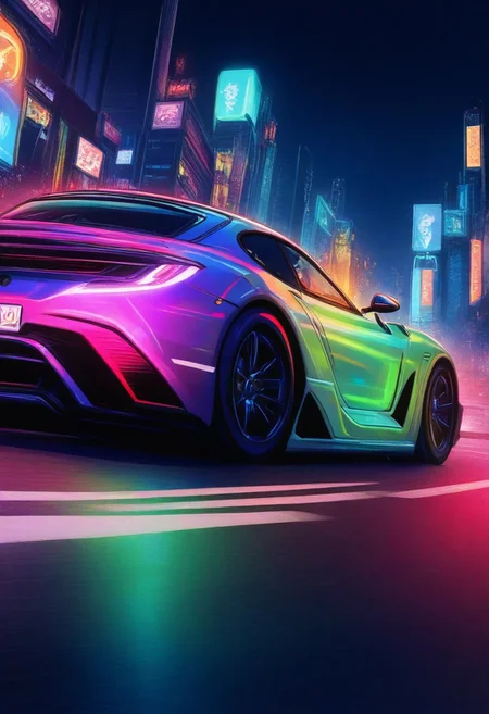 A stunning neon-lit night scene featuring Marina in a sleek, high-performance Japanese sports car. She sits confidently in the driver’s seat, gripping the wheel with determination, ready to race through the vibrant city streets. The car’s glossy body reflects the glow of colorful neon signs, casting a cyberpunk-like ambiance. Motion blur and light trails add a sense of high-speed adrenaline, reminiscent of the thrilling action from Fast & Furious 2. The atmosphere is electrifying, with a mix of deep blues, purples, and bright pinks illuminating the urban environment. Smoke rises from the tires as Marina prepares to drift around the next corner, her expression fierce and focused. The scene embodies speed, excitement, and the rebellious spirit of underground street racing.