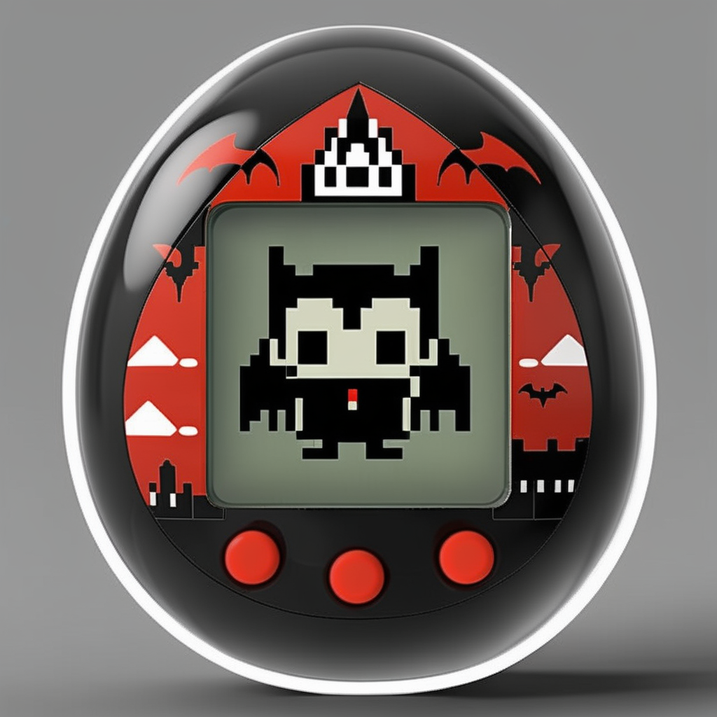 An egg-shaped, virtual pet device is featured with a central screen displaying, a  single color 8bit  Dracula,The screen is encased within an while ring  ., <lora:egg_bit:0.75>