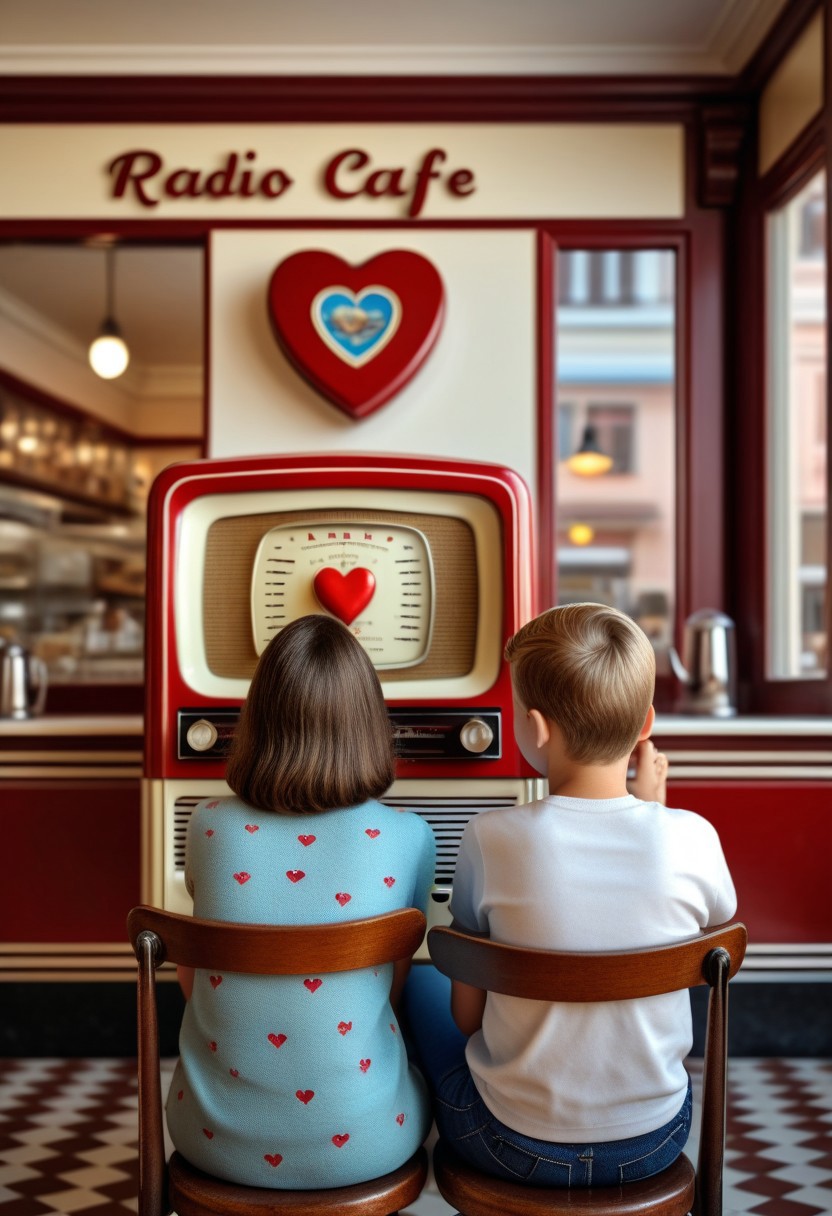 Tilt shift photography style, 1girl, 1boy, back view, A couple sits in front of an old radio in a retro cafe, Nostalgic Letter with a heart seal are lined up in the background, head out of frame,