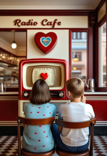 Tilt shift photography style, 1girl, 1boy, back view, A couple sits in front of an old radio in a retro cafe, Nostalgic Letter with a heart seal are lined up in the background, head out of frame,