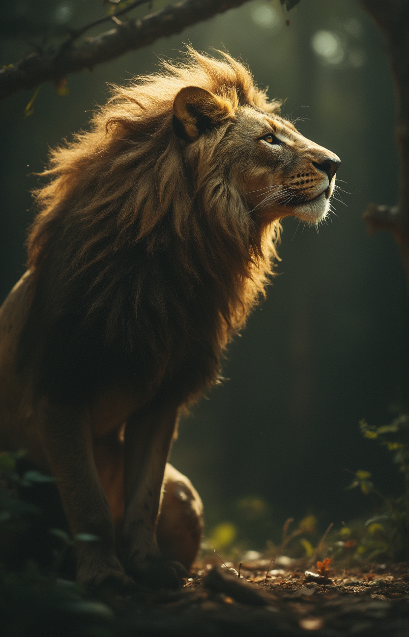 mysterious, soothing, backlit, shadows, side view of a  lion looking at the viewer, anticipation,  strange angle, <lora:- Flux1 - soothing_atmo_V2.0:.7>
