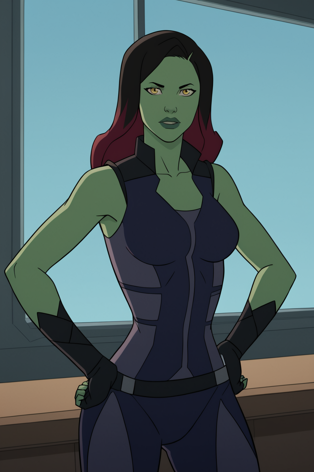 PonyXLV6_Scores BREAK (parody, perfect anatomy, perfect eyes, absurd resolution, cowboy shot) <lora:add-detail-xl:1>, <lora:add_details_xl:0.8> BREAK <lora:Gamora_-_Marvel_Animation:0.8> gamora, solo, multicolored hair, long hair, black hair, red hair, colored skin, green skin, yellow eyes, flirting, ((looking at viewer)), bodysuit, fingerless gloves, gloves, belt, medium breasts, toned, athletic, curvy, sexually suggestive pose, hands on hip, indoors