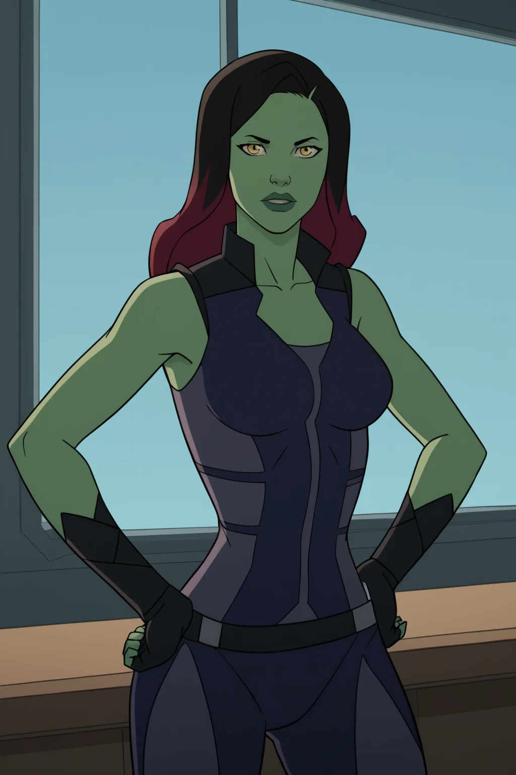PonyXLV6_Scores BREAK (parody, perfect anatomy, perfect eyes, absurd resolution, cowboy shot) <lora:add-detail-xl:1>, <lora:add_details_xl:0.8> BREAK <lora:Gamora_-_Marvel_Animation:0.8> gamora, solo, multicolored hair, long hair, black hair, red hair, colored skin, green skin, yellow eyes, flirting, ((looking at viewer)), bodysuit, fingerless gloves, gloves, belt, medium breasts, toned, athletic, curvy, sexually suggestive pose, hands on hip, indoors