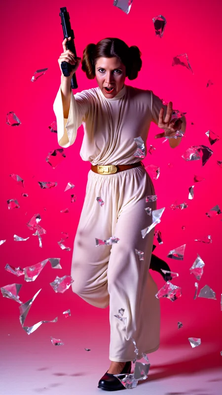 <lora:Carrie_Fisher_Flux:1.2> A dynamic, high-energy scene captures Carrie Fisher as Princess Leia Organa holding a blaster from starwars pointed at viewer in a fierce pose, mid-action as she bursts through a shattered glass surface, shards flying in all directions. Perfect hands. The background is a solid, vivid HotPink, creating a stark, intense contrast with the sharp, reflective fragments of glass. She's a young woman with fair skin and brown hair styled in two large, round buns, dressed in her iconic white, floor-length gown, which features a high neck and long, flowing sleeves. Her body is marked with small cuts from the glass, droplets of blood glistening under the light. Her expression is one of pure fury, his eyes locked onto the viewer as if they are the target of her rage. Her pose is explosive, one leg extended forward as if sheâs leaping through the air, his arms raised defensively or ready to strike. The glass shards around him are frozen in mid-air, their jagged edges catching the light and creating a chaotic, almost surreal effect. The HotPink background amplifies the intensity of the moment, evoking a sense of danger and raw emotion. The atmosphere is charged with adrenaline, the aftermath of his violent breakthrough palpable in every detail. The image feels as if itâs happening directly in front of the viewer, Carrie Fisher as Princess Leia Organaâs momentum and the flying glass creating a sense of immediacy and immersion. Itâs a moment of chaos and power, a snapshot of rage and determination frozen in time. The combination of the HotPink backdrop, the sharp glass, and Carrie Fisher as Princess Leia Organaâs fierce expression makes for a visually striking and emotionally charged composition. She goes forward, driven by duty and the promise of glory.