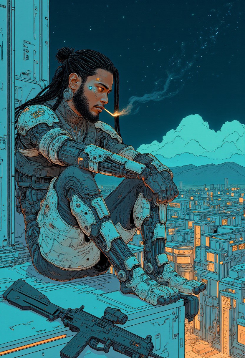 A (full body portrait:1.4) of a 26 year old African american man. He has long black hair in dread locks tied up. He has a short beard. He has a black and white futuristic body suit and cybernetic arms. He is sitting on the side of a roof smoking a cigarette. A rifle on the ground next to him. (Night) stars and distant galaxies visable in the sky
There is a scar over his left eye. 
cyberpunk, high-quality digital artwork, detailed background