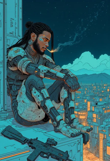 A (full body portrait:1.4) of a 26 year old African american man. He has long black hair in dread locks tied up. He has a short beard. He has a black and white futuristic body suit and cybernetic arms. He is sitting on the side of a roof smoking a cigarette. A rifle on the ground next to him. (Night) stars and distant galaxies visable in the sky
There is a scar over his left eye.
cyberpunk, high-quality digital artwork, detailed background